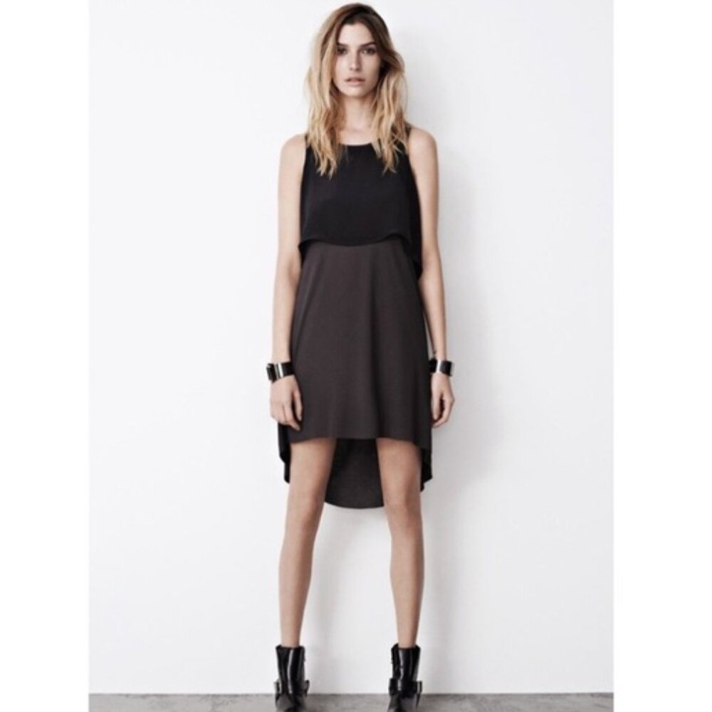 All Saints Rubik Silk Blend Hi Low Black Grey Overlay Shift Dress